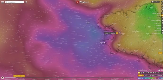 Wind-Vorhersage für den 16.11.22 auf Cap Sizun